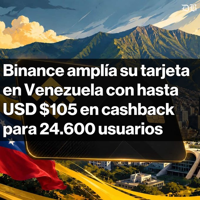 A news graphic with the text 'Binance amplía su tarjeta en Venezuela con hasta USD $105 en cashback para 24.600 usuarios' over an image of a Binance card, Venezuelan flag, and mountain landscape.