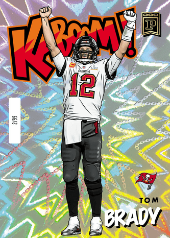 A Panini football trading card #209 of Tom Brady of the Buccaneers, depicting him with his arms raised in celebration against a colorful zigzag background with a 'KABOOM!' graphic.
