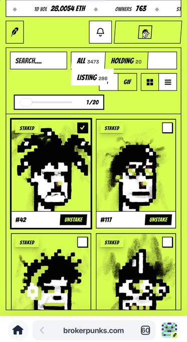 A mobile interface for brokerpunks.com showing a collection of 1D NFTs with 28.0054 ETH volume and 763 owners, displaying pixelated punk-style character artworks on a lime green background.