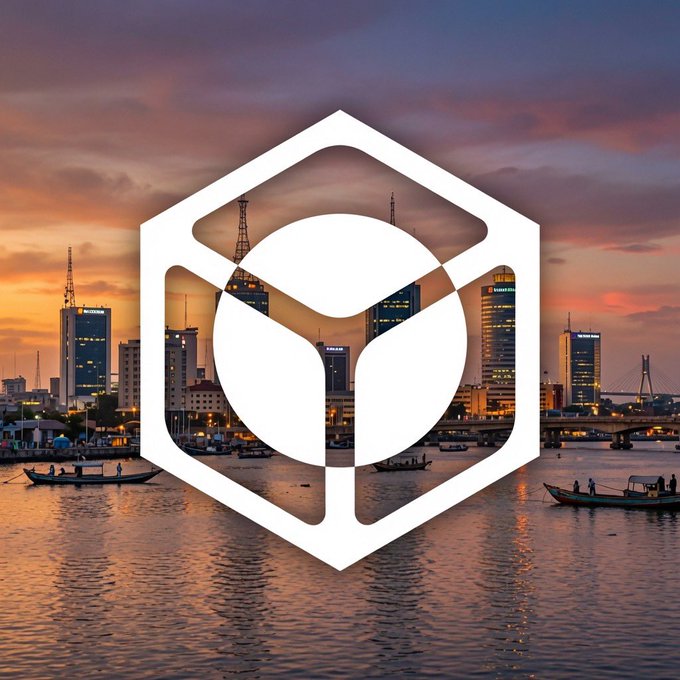 A scenic cityscape at sunset over water with boats, overlaid with a large white geometric hexagonal logo in the center.