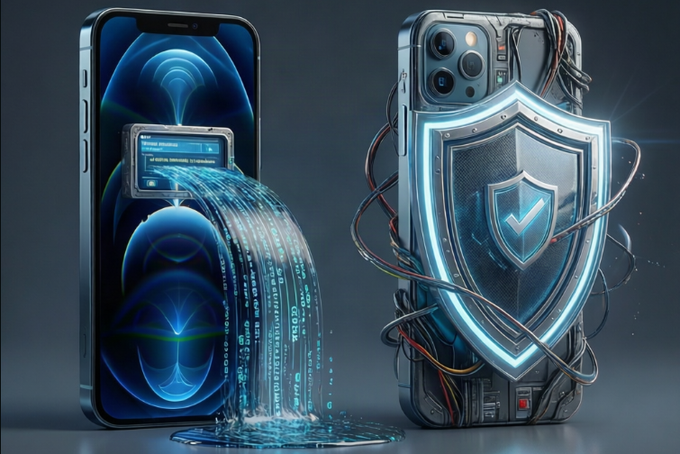 Digital illustration showing two iPhones side by side - one displaying a password manager interface with WiFi waves, the other wrapped in cables with a glowing blue security shield bearing a checkmark.