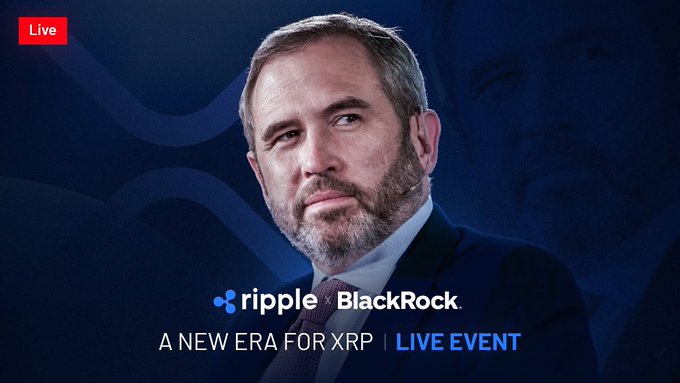 The image features a man wearing a suit, with his face partially visible behind him. The background of the image has a blue color scheme, and there are two logos present - one for Ripple and another for BlackRock. The text on the image reads "Live event" and "A new era for xrp Live event".