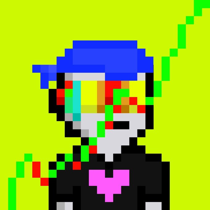 A pixel-art figure with a blue cap, multicolored glitch-style face, and a black shirt featuring a pink heart symbol stands against a bright yellow-green background with green pixel streaks. The image ties into the post's "Robinhood Migos" branding by symbolizing the glitchy, upward-trading movement described in the motivational crypto/trading caption.
