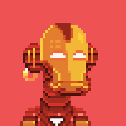 Pixel art of Iron Man against a red background, showing the superhero's iconic red and gold mask with glowing white eyes.