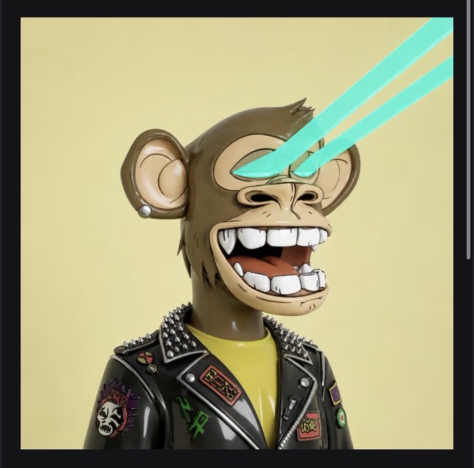 A 3D-rendered cartoon monkey character with a wide grin wears a studded black leather jacket with punk patches and a yellow shirt, featuring glowing cyan laser eyes.