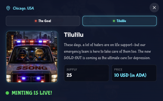 An NFT minting page for a collection called 'Tilulilu' based in Chicago, USA, showing an image of an ambulance with characters inside, a supply of 25, and a price of 10 USD in ADA.