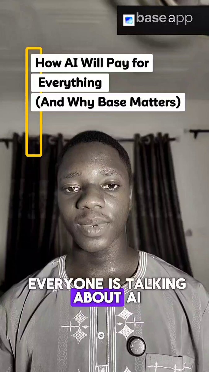 The image features a man wearing a gray shirt with white designs. The caption of the image reads "How AI will Pay for everything (and Why Base matters)". This suggests that the man might be discussing or talking about the relationship between AI, payment systems, and the economy.