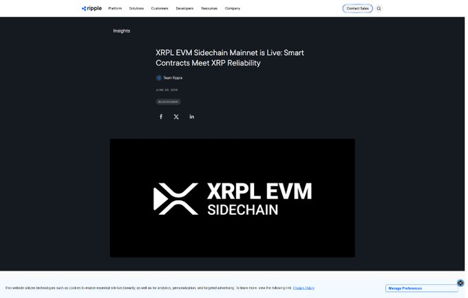 A Ripple Insights blog post titled "XRPL EVM Sidechain Mainnet is Live: Smart Contracts Meet XRP Reliability" by Team Ripple, featuring the XRPL EVM Sidechain logo, announces the launch of the mainnet mentioned in the post about Range partnering with Peersyst to deliver cross-chain intelligence tools for the new chain.