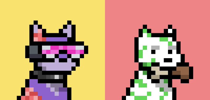 Two pixel art characters side by side — a purple koala-like figure in a top hat on a yellow background, and a white cow with green spots holding a hammer on a pink background.