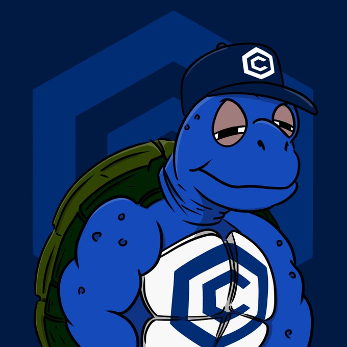 A cartoon illustration of a blue turtle wearing a black cap and a chest plate bearing the Crypto.com logo, set against a dark blue background.