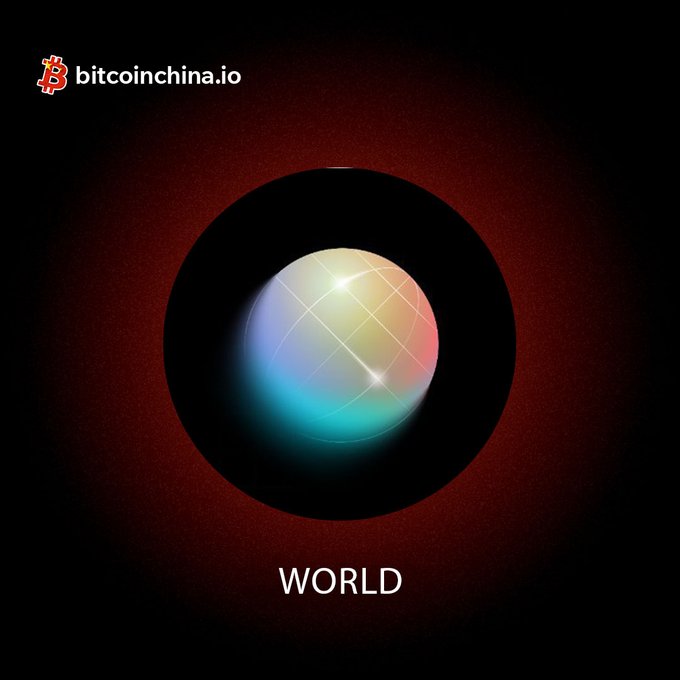 A glossy multicolored sphere labeled "WORLD" against a dark red background, with a "bitcoinchina.io" logo in the top left corner, promoting the new listing of the $WORLD/SOL trading pair on Bitcoin China's exchange.