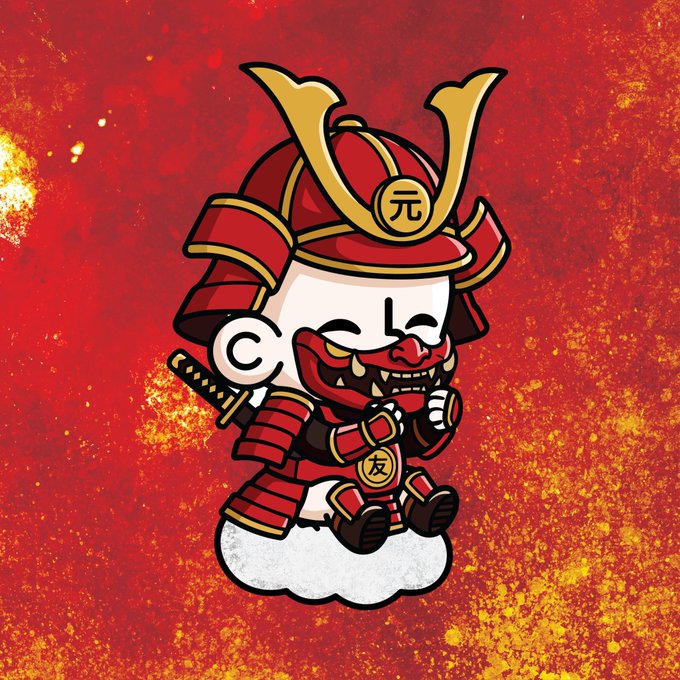 A chibi-style samurai warrior with an oni mask, red armor, and a katana floats on a cloud against a fiery red background, with Japanese characters "元" on the helmet and "友" on the belt. The image serves as promotional artwork for a "Little TOTZ" NFT giveaway offering 5 OG whitelist spots and 11 guaranteed mints at 0.00033 ETH.