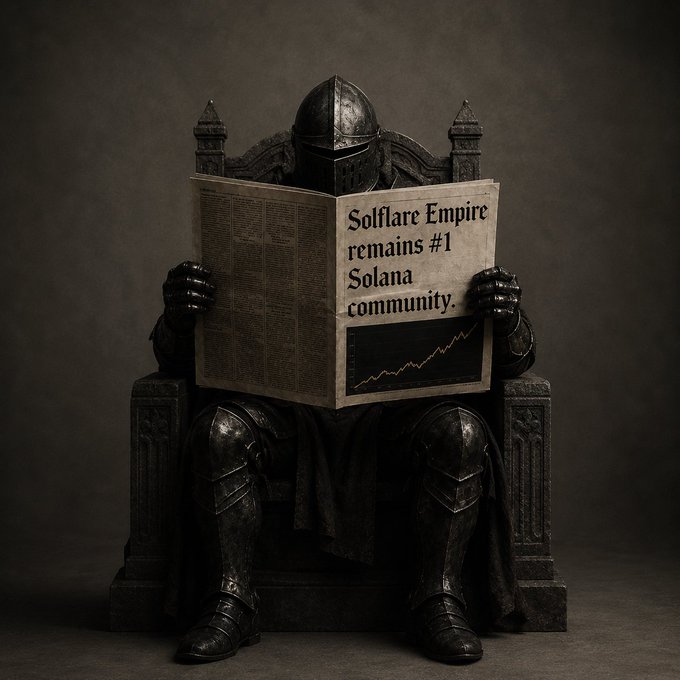 A knight in full black armor sits on a throne reading a newspaper with the headline "Solflare Empire remains #1 Solana community," complete with an upward-trending chart—reflecting the post's message of dominating the Solana ecosystem.