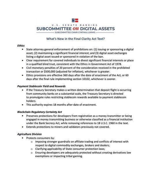 A document titled 'U.S. SENATE BANKING SUBCOMMITTEE on DIGITAL ASSETS' outlining 'What's New in the Final Clarity Act Text?' with sections on Ethics, Payment Stablecoin, Blockchain Regulatory Certainty, and Agriculture Division.