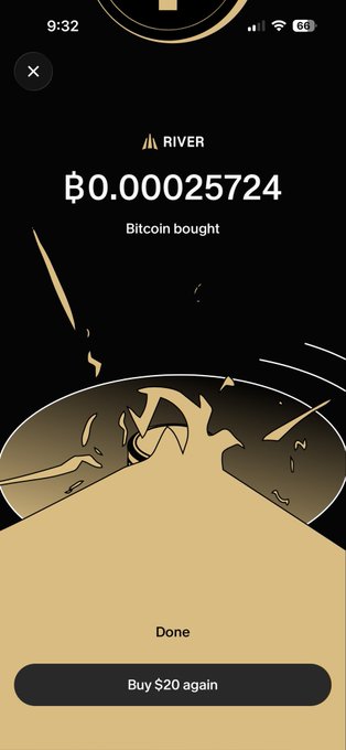 A mobile app screenshot from 'RIVER' shows a Bitcoin purchase confirmation of ฿0.00025724 with a golden Bitcoin illustration and options to 'Done' or 'Buy $20 again'.