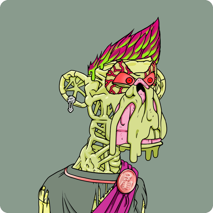A cartoon illustration of a grotesque, melting yellow-green figure with pink/green spiky hair, red glasses, and dripping features on a gray background.