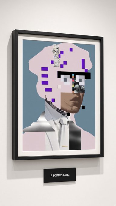 A framed digital artwork displayed on a white gallery wall, featuring a glitch-style portrait of a person with pixelated purple elements, labeled 'R3QRDR #4113'.