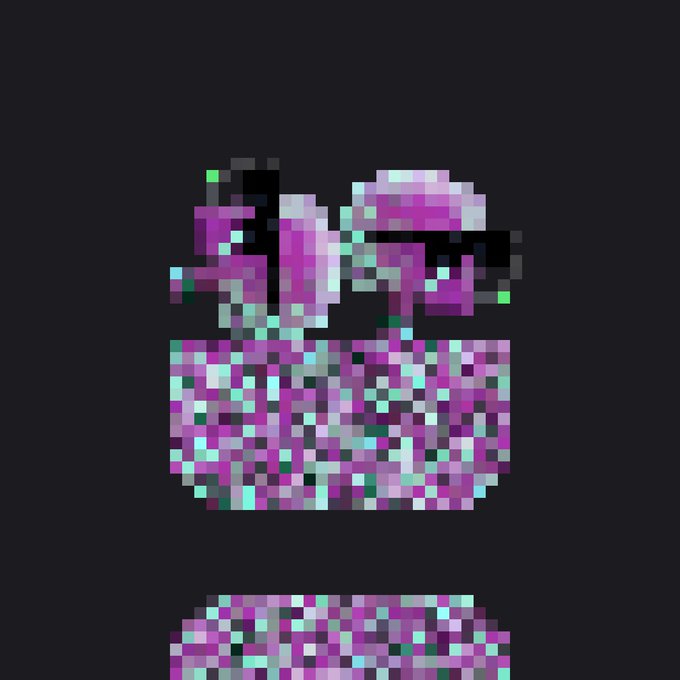 A pixelated, low-resolution image depicting an abstract shape with purple and teal patterns against a dark gray background.