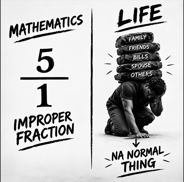 A black-and-white meme contrasting 'MATHEMATICS 5/1 IMPROPER FRACTION' with 'LIFE' weighing down on a kneeling man (Family, Friends, Bills, Spouse, Others), labeled 'NA NORMAL THING.'