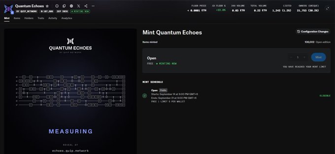 A cryptocurrency/NFT marketplace interface for 'Quantum Echoes' showing a 24h Volume of 0.0001 ETH, Floor Price of 0.22 ETH, and a 'MEASURING' graphic with a Mint option at 0.022 ETH.