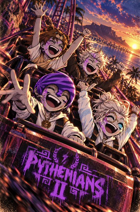 A promotional poster for 'PYTHENIANS II' featuring four anime-style characters joyfully riding a roller coaster against a sunset background.