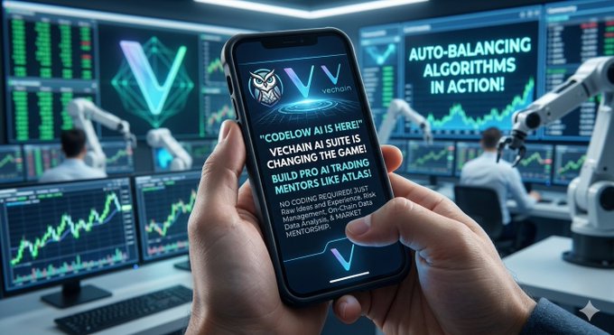 A close-up of a hand holding a smartphone displaying the VeChain AI Suite screen with text reading "CODELOW AI IS HERE!" and "Build Pro AI Trading Mentors Like ATLAS," set against a high-tech trading floor backdrop with charts and a "AUTO-BALANCING ALGORITHMS IN ACTION!" monitor—visually reinforcing the post's claim about effortless no-code AI trading tool creation.
