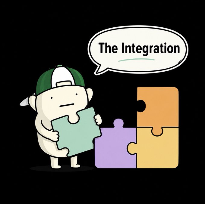 A cartoon mascot wearing a green cap holds a teal puzzle piece next to a colorful block structure, with a speech bubble reading "The Integration."

The image illustrates the post's theme by visually representing integration through puzzle pieces coming together, symbolizing how the protocol, connection, signature, and custody layers fit as one cohesive system.