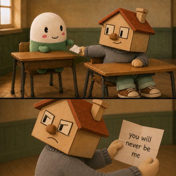 A two-panel illustration featuring a character with a house for a head handing a note that reads 'you will never be me' to a round green and white character.