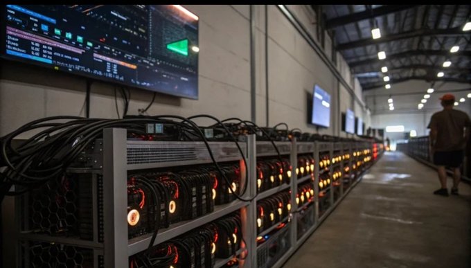 An interior view of a large warehouse housing rows of cryptocurrency mining rigs with glowing orange lights, with a person walking down the aisle.