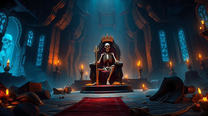 A digital illustration of a skeleton king wearing a crown and sitting on a throne in a dark, candle-lit dungeon filled with treasure.