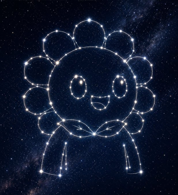 A constellation in the shape of a smiling sunflower-like face glows against a starry night sky, evoking a whimsical, dreamy escape into nature—fittingly paired with the post's reminder to "touch grass" and embrace sunshine, fresh air, and a break from screens.