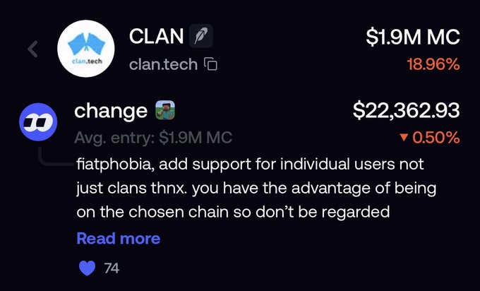 A social media post for 'CLAN' (clan.tech) with a market cap of $1.9M MC (up 18.96%) and a mention of 'change' priced at $22,362.93, discussing fiatphobia and individual users.