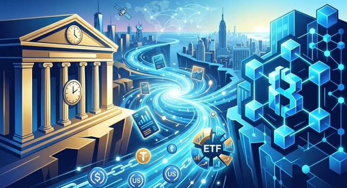 The illustration depicts a stylized scene where a classical stock exchange building (with clocks) on the left merges via flowing digital streams and cryptocurrency coins into a modern blockchain network of glowing blue cubes on the right, symbolizing the convergence of traditional finance and crypto markets. Key visible elements include an "ETF" badge, "$" and "US" currency icons, charts on mobile devices, and a satellite overhead—all visually reinforcing the post's theme of NYSE's new digital asset platform linking Blockchain.com's 44 million accounts to enable 24/7 on-chain trading of US stocks and ETFs.