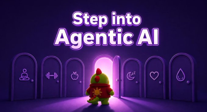 A purple-themed graphic with neon text reading 'Step into Agentic AI', depicting a green character wearing a superhero cape with a sun emblem standing before an open glowing door flanked by other doors displaying wellness icons (meditation, fitness, apple, sleep, heart, water).