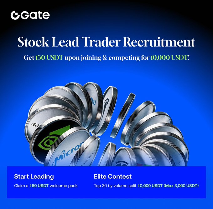 Gate.io's Stock Lead Trader Recruitment campaign offers a 150 USDT welcome pack and a chance to compete for a 10,000 USDT prize pool split among the top 30 by trading volume, complementing the post's announcement of the High-Water Mark (HWM) profit-sharing model and exclusive lead trader benefits.