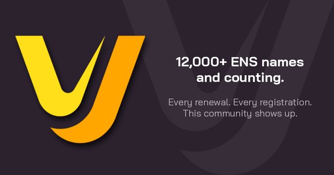 The image shows a banner with a yellow "V" logo at the top and text that reads "12,000+ ENS names and counting." Below this, there are two lines of text that explain the purpose of the banner - it is promoting the renewal or registration of ENS names through Vision since January. The post also mentions that the ENS names are not vanity metrics but actual names, transactions, and people showing up month after month.