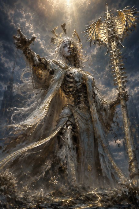 Dark fantasy artwork of a pale, skeletal goddess-like figure with long white hair and tattered robes, holding an ornate golden staff under a dramatic cloudy sky.