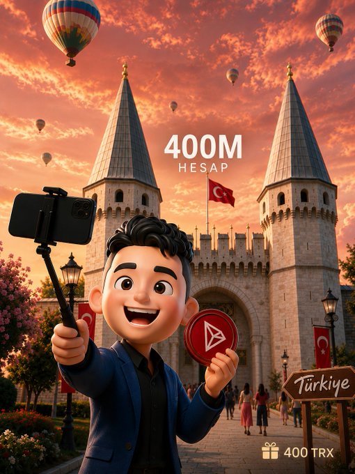 A 3D-rendered cartoon man holding a smartphone on a selfie stick and a red token, standing before a castle with a Turkish flag; text reads '400M HESAP' and '400 TRX'.