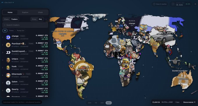 A screenshot of clan.tech showing a world map interface with a sidebar listing traders including 'change', 'PoorGoat', 'DumbCrayonEntertainment', 'Uniqics', 'Frank', and 'Ethereum', along with their ETH balances.