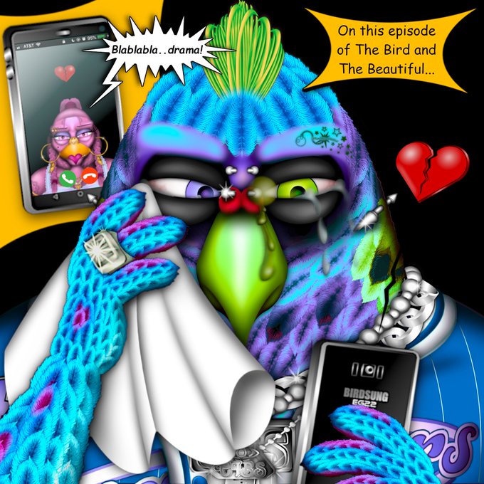 A vibrant pop art illustration of a blue and green bird character holding a phone, with text bubbles reading 'Blablabla..drama!' and 'On this episode of The Bird and The Beautiful...' alongside a broken heart graphic and a Birdsong Egaze phone.