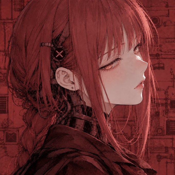 Anime-style illustration of a red-haired girl in profile with cybernetic/mechanical components on the side of her head and neck, set against a red industrial circuit-patterned background.