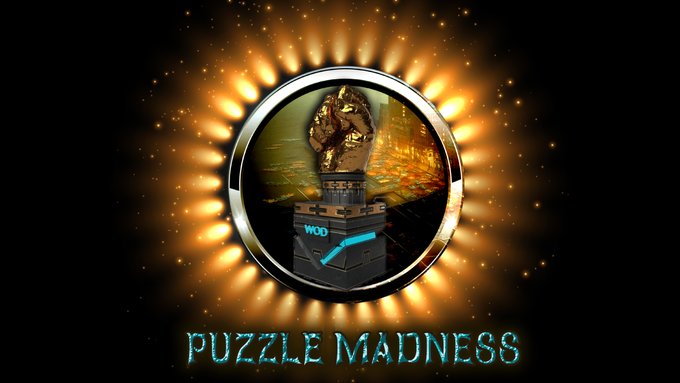 A stylized logo or graphic featuring a golden bust on a pedestal with the text 'WOO', encircled by a radiant light pattern, with 'PUZZLE MADNESS' written below in blue flame-like lettering.