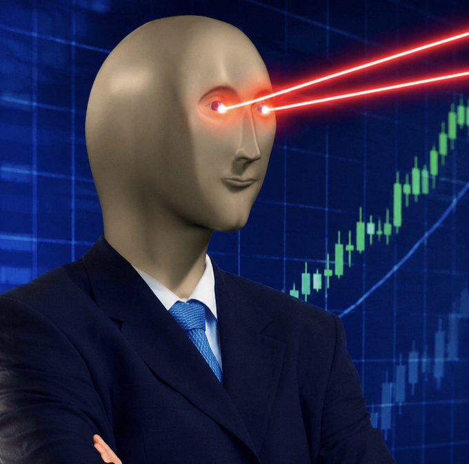 A bald mannequin head in a navy blue suit with a blue tie shoots red laser beams from its eyes against a backdrop of a rising green stock market chart.