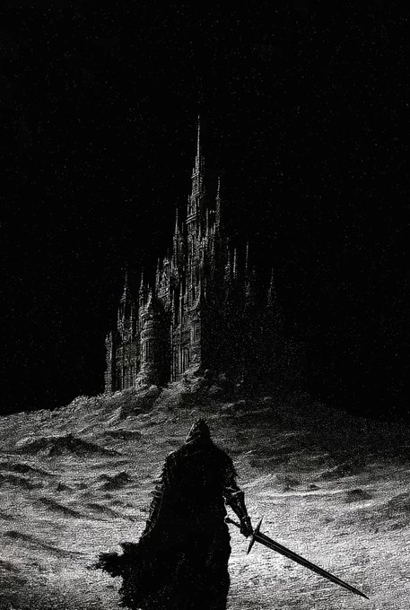 A black and white fantasy illustration showing a hooded figure holding a sword, standing before a massive gothic castle on a hill against a dark, starry night sky.