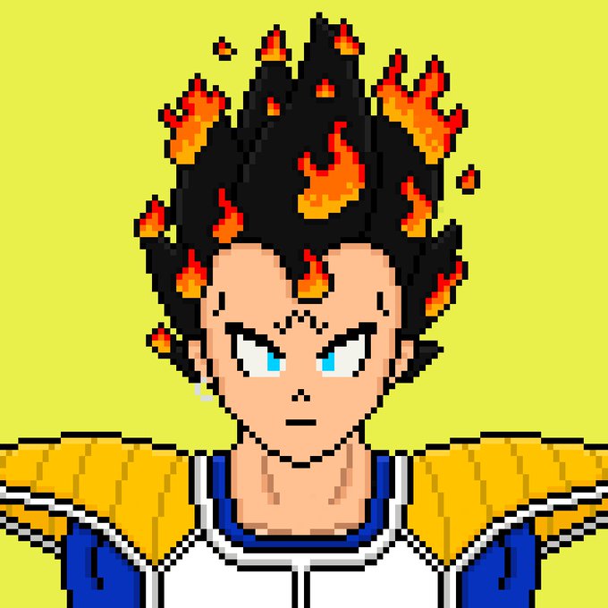 Pixel art illustration of a character resembling Vegeta from Dragon Ball with spiky black hair engulfed in flames against a yellow background.