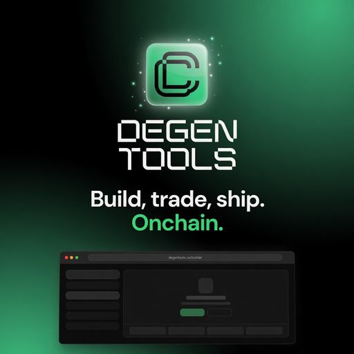 Promotional graphic for Degen Tools with the tagline 'Build, trade, ship. Onchain.' featuring a glowing green logo icon and a dark dashboard preview on a green gradient background.