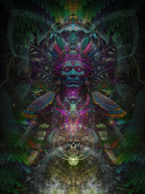 A symmetrical psychedelic digital artwork features a tribal figure with an elaborate feathered headdress and sacred geometry patterns overlaying the composition.