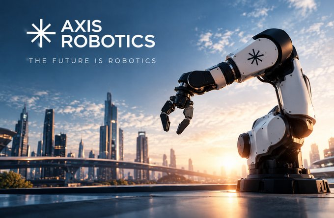 A promotional graphic for 'AXIS ROBOTICS' features a white robotic arm against a city skyline at sunset, with the tagline 'THE FUTURE IS ROBOTICS'.