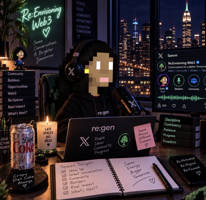 A pixelated character with glowing white eyes wearing headphones labeled "X" in a podcast setup with the title "Re:Envisioning Web3", surrounded by sticky notes reading "Community", "Builders", "Discipline", "Consistency", and "Re:Motivated Re:Aligned Re:Focused".
