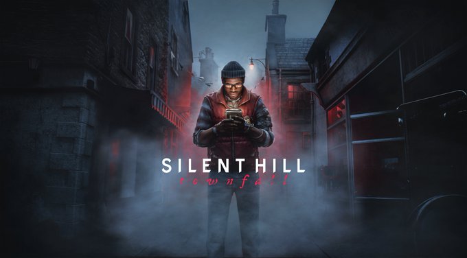 A lone figure in a beanie and jacket stands illuminated by his phone screen in a fog-shrouded alleyway, with the title "SILENT HILL: Townfall" displayed prominently below him, fitting the post's announcement of keys to walk the foggy streets of St. Amelia.